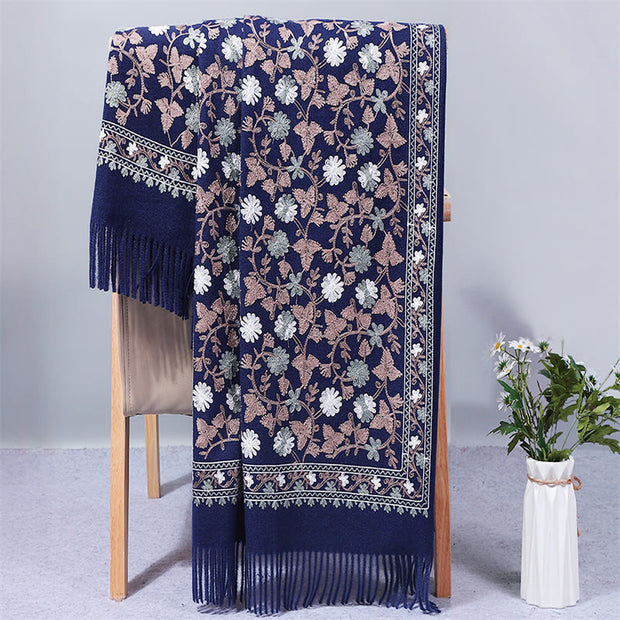 Buddha Stones Polyester Shawl Cashew Flowers Embroidery Tassel Winter Cozy Travel Scarf Wrap Shawl BS MidnightBlue 200*70cm