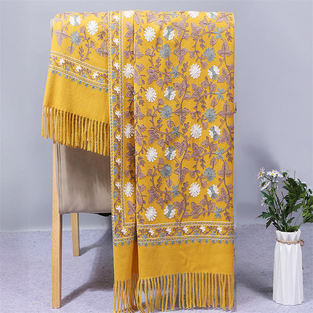 Buddha Stones Polyester Shawl Cashew Flowers Embroidery Tassel Winter Cozy Travel Scarf Wrap Shawl BS Gold 200*70cm