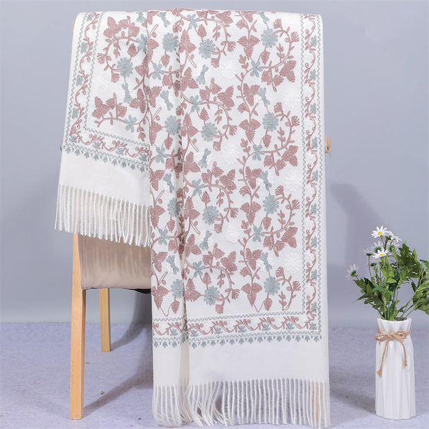 Buddha Stones Polyester Shawl Cashew Flowers Embroidery Tassel Winter Cozy Travel Scarf Wrap Shawl BS White 200*70cm