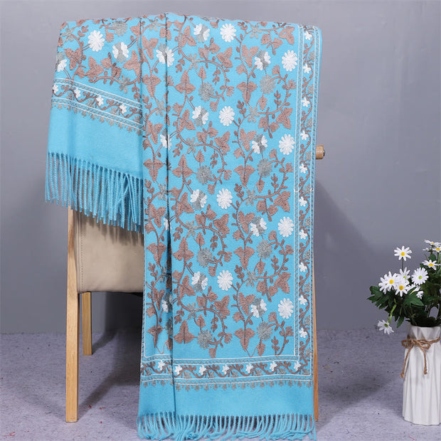 Buddha Stones Polyester Shawl Cashew Flowers Embroidery Tassel Winter Cozy Travel Scarf Wrap Shawl BS LightSkyBlue 200*70cm