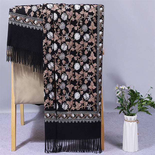 Buddha Stones Polyester Shawl Cashew Flowers Embroidery Tassel Winter Cozy Travel Scarf Wrap Shawl BS Black 200*70cm