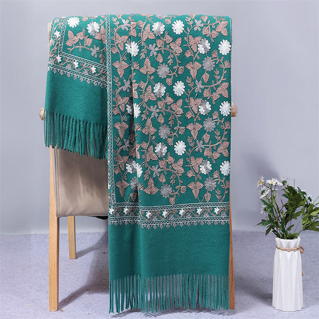 Buddha Stones Polyester Shawl Cashew Flowers Embroidery Tassel Winter Cozy Travel Scarf Wrap Shawl BS DarkCyan 200*70cm