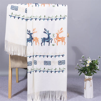 Buddha Stones Rayon Fabric Shawl Sika Deer Embroidery Tassel Winter Cozy Travel Scarf Wrap Shawl BS White 200*70cm