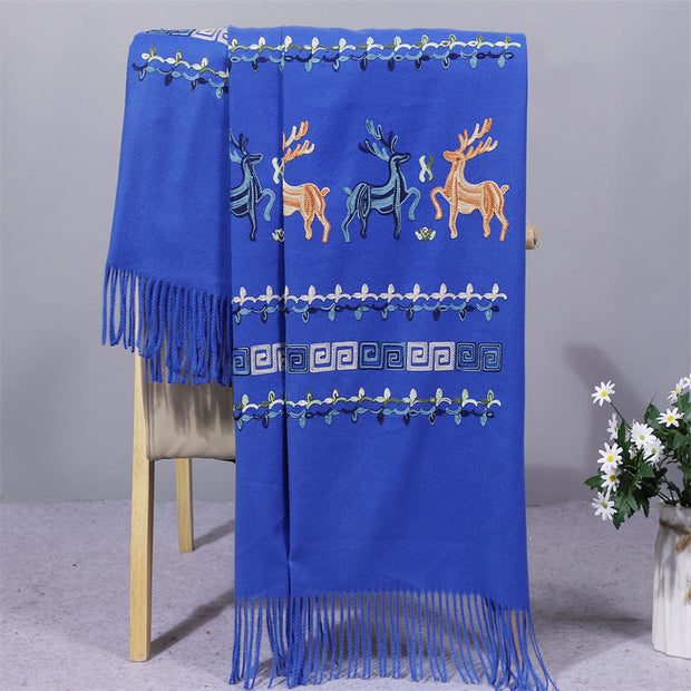 Buddha Stones Rayon Fabric Shawl Sika Deer Embroidery Tassel Winter Cozy Travel Scarf Wrap Shawl BS RoyalBlue 200*70cm