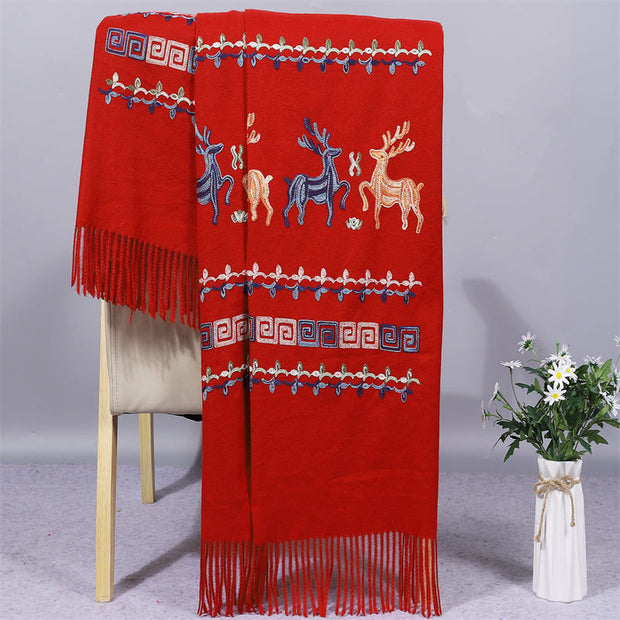 Buddha Stones Rayon Fabric Shawl Sika Deer Embroidery Tassel Winter Cozy Travel Scarf Wrap Shawl BS FireBrick 200*70cm