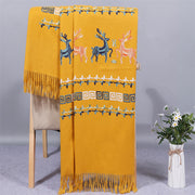 Buddha Stones Rayon Fabric Shawl Sika Deer Embroidery Tassel Winter Cozy Travel Scarf Wrap Shawl BS Gold 200*70cm