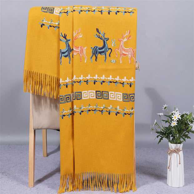 Buddha Stones Rayon Fabric Shawl Sika Deer Embroidery Tassel Winter Cozy Travel Scarf Wrap