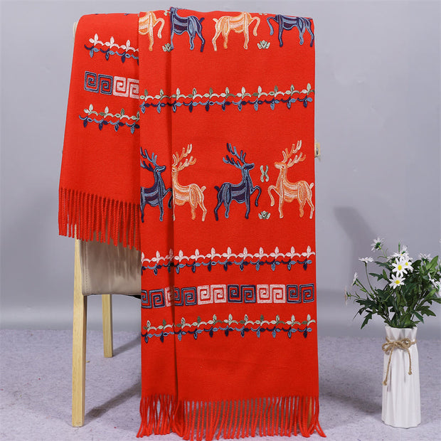 Buddha Stones Rayon Fabric Shawl Sika Deer Embroidery Tassel Winter Cozy Travel Scarf Wrap Shawl BS OrangeRed 200*70cm