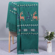 Buddha Stones Rayon Fabric Shawl Sika Deer Embroidery Tassel Winter Cozy Travel Scarf Wrap Shawl BS DarkCyan 200*70cm