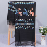 Buddha Stones Rayon Fabric Shawl Sika Deer Embroidery Tassel Winter Cozy Travel Scarf Wrap Shawl BS Black 200*70cm