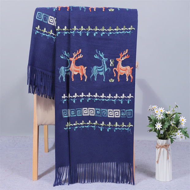 Buddha Stones Rayon Fabric Shawl Sika Deer Embroidery Tassel Winter Cozy Travel Scarf Wrap Shawl BS MidnightBlue 200*70cm