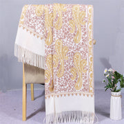 Buddha Stones Rayon Fabric Shawl Golden Cashew Flowers Embroidery Tassel Winter Cozy Travel Scarf Wrap Shawl BS White 200*70cm