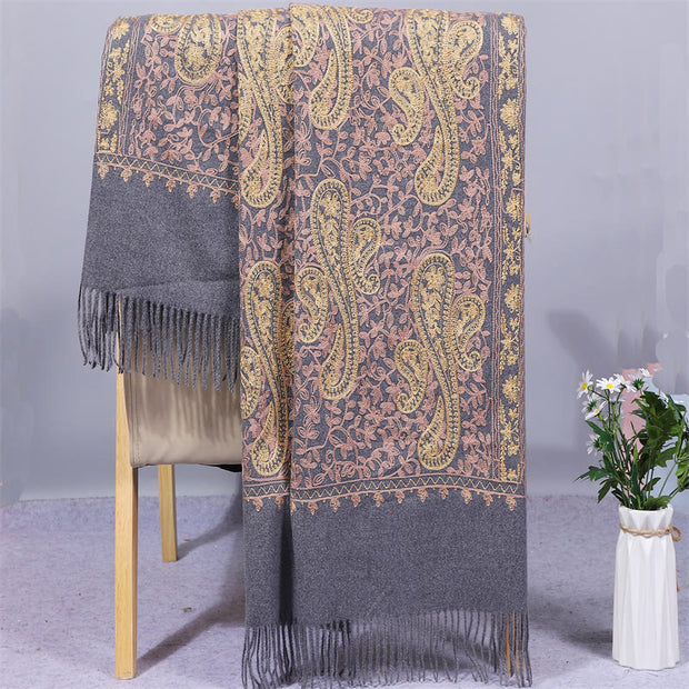 Buddha Stones Rayon Fabric Shawl Golden Cashew Flowers Embroidery Tassel Winter Cozy Travel Scarf Wrap