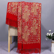 Buddha Stones Rayon Fabric Shawl Golden Cashew Flowers Embroidery Tassel Winter Cozy Travel Scarf Wrap Shawl BS FireBrick 200*70cm