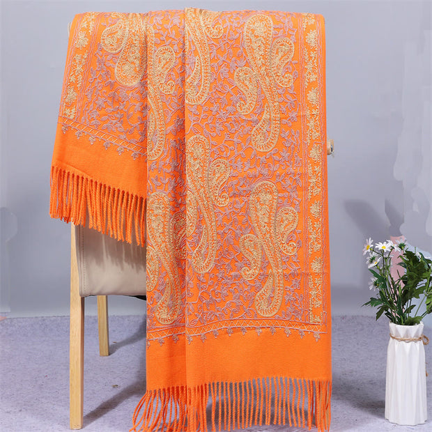 Buddha Stones Rayon Fabric Shawl Golden Cashew Flowers Embroidery Tassel Winter Cozy Travel Scarf Wrap Shawl BS Orange 200*70cm