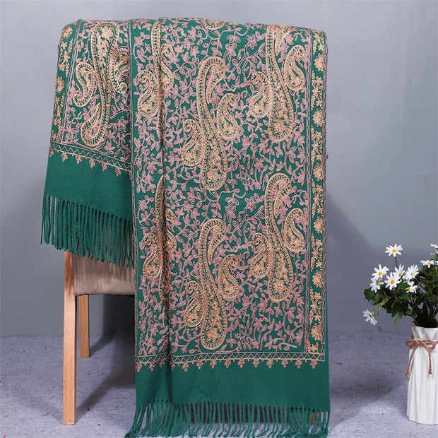 Buddha Stones Rayon Fabric Shawl Golden Cashew Flowers Embroidery Tassel Winter Cozy Travel Scarf Wrap Shawl BS Teal 200*70cm