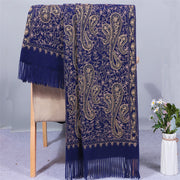 Buddha Stones Rayon Fabric Shawl Golden Cashew Flowers Embroidery Tassel Winter Cozy Travel Scarf Wrap Shawl BS Navy 200*70cm