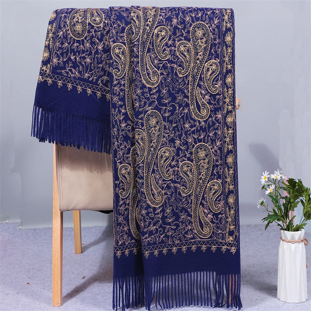 Buddha Stones Rayon Fabric Shawl Golden Cashew Flowers Embroidery Tassel Winter Cozy Travel Scarf Wrap