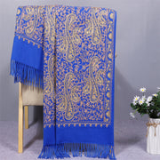 Buddha Stones Rayon Fabric Shawl Golden Cashew Flowers Embroidery Tassel Winter Cozy Travel Scarf Wrap Shawl BS RoyalBlue 200*70cm