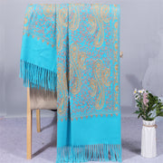 Buddha Stones Rayon Fabric Shawl Golden Cashew Flowers Embroidery Tassel Winter Cozy Travel Scarf Wrap Shawl BS LightSkyBlue 200*70cm