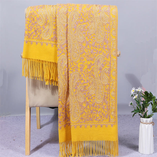 Buddha Stones Rayon Fabric Shawl Golden Cashew Flowers Embroidery Tassel Winter Cozy Travel Scarf Wrap Shawl BS Gold 200*70cm