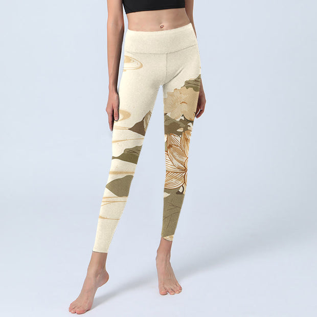 Buddha Stones Beige Lotus Flower Print Gym Fitness Leggings Women's Yoga Pants - image 6