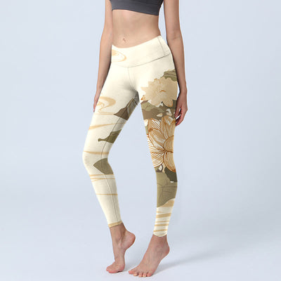 Buddha Stones Beige Lotus Flower Print Gym Fitness Leggings Women's Yoga Pants - Beige - US18，UK/AU22，EU50 (4XL) - image 1