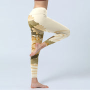 Buddha Stones Beige Lotus Flower Print Gym Fitness Leggings Women's Yoga Pants