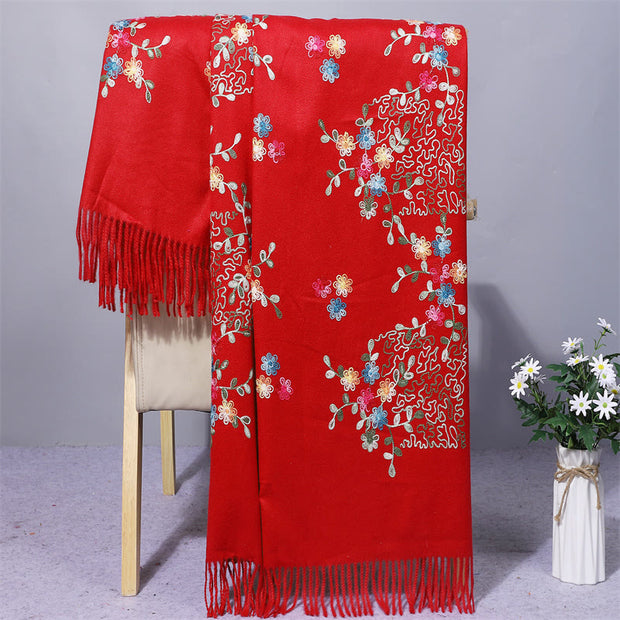 Buddha Stones Rayon Fabric Shawl Colorful Small Flowers Embroidery Tassel Winter Cozy Travel Scarf Wrap Shawl BS FireBrick 200*70cm