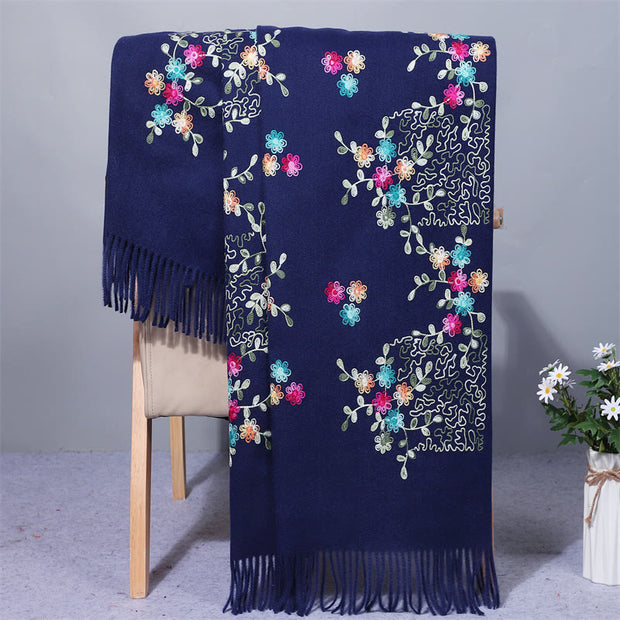 Buddha Stones Rayon Fabric Shawl Colorful Small Flowers Embroidery Tassel Winter Cozy Travel Scarf Wrap