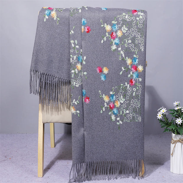 Buddha Stones Rayon Fabric Shawl Colorful Small Flowers Embroidery Tassel Winter Cozy Travel Scarf Wrap