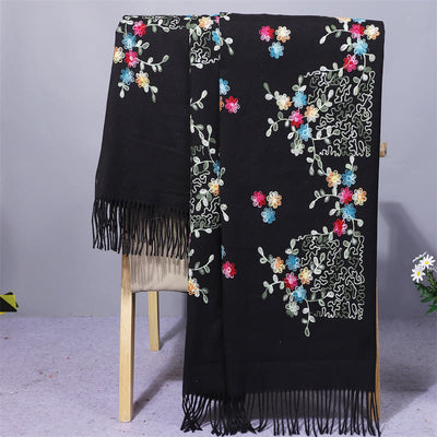 Buddha Stones Rayon Fabric Shawl Colorful Small Flowers Embroidery Tassel Winter Cozy Travel Scarf Wrap Shawl BS Black 200*70cm