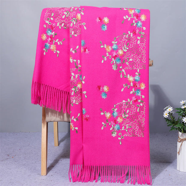 Buddha Stones Rayon Fabric Shawl Colorful Small Flowers Embroidery Tassel Winter Cozy Travel Scarf Wrap Shawl BS DeepPink 200*70cm