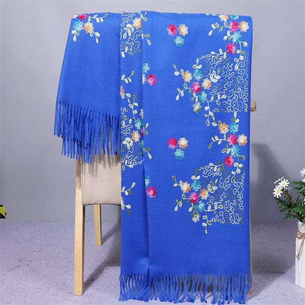 Buddha Stones Rayon Fabric Shawl Colorful Small Flowers Embroidery Tassel Winter Cozy Travel Scarf Wrap Shawl BS RoyalBlue 200*70cm