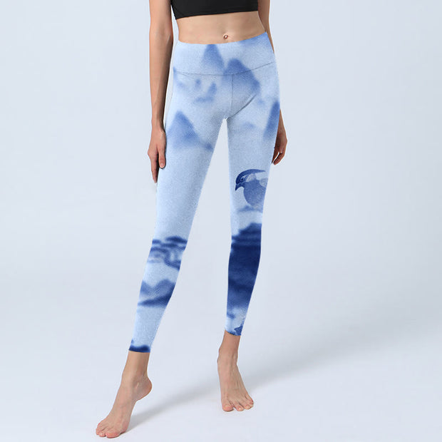 Buddha Stones Blue Bird Peony Print Sports Leggings Women's Yoga Pants - image 6