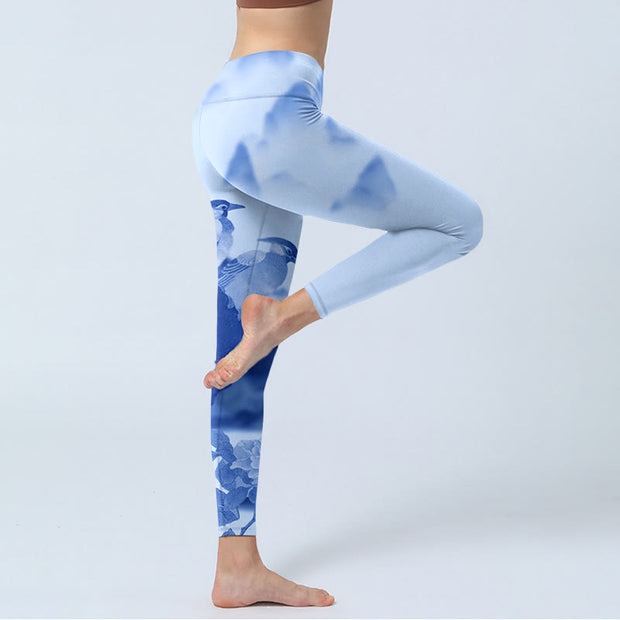 Buddha Stones Blue Bird Peony Print Sports Leggings Women's Yoga Pants - image 4