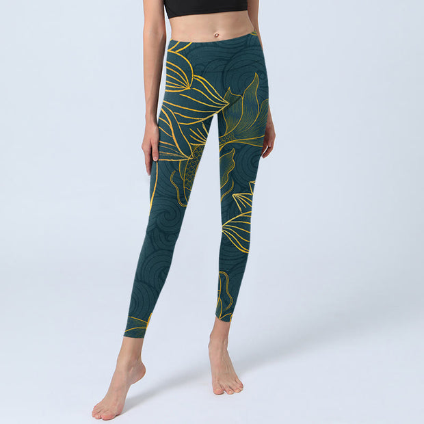 Buddha Stones Gray Golden Koi Fish Lotus Print Gym Leggings Women's Yoga Pants