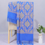 Buddha Stones Polyester Shawl Symmetry Gold Filigree Embroidery Tassel Winter Cozy Travel Scarf Wrap Shawl BS RoyalBlue 200*70cm