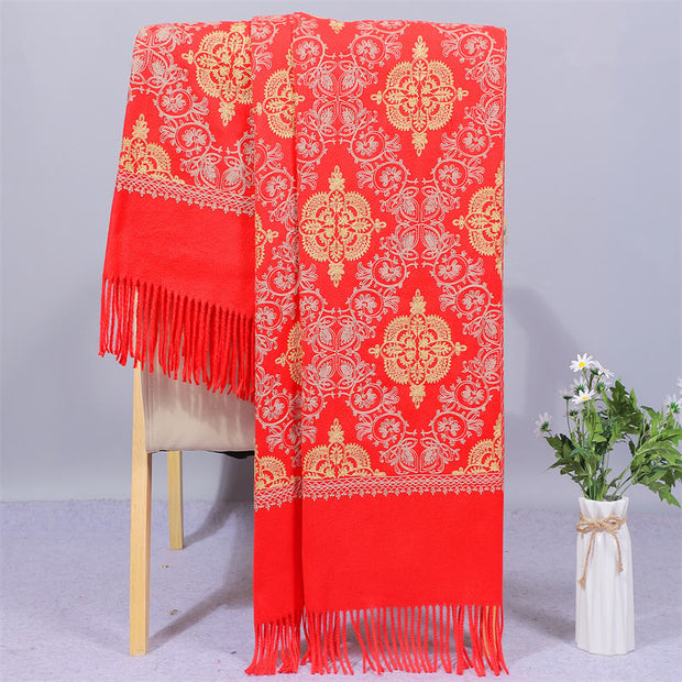 Buddha Stones Polyester Shawl Symmetry Gold Filigree Embroidery Tassel Winter Cozy Travel Scarf Wrap Shawl BS Red 200*70cm