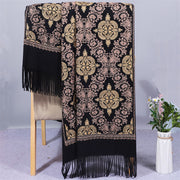 Buddha Stones Polyester Shawl Symmetry Gold Filigree Embroidery Tassel Winter Cozy Travel Scarf Wrap Shawl BS Black 200*70cm