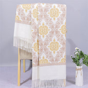 Buddha Stones Polyester Shawl Symmetry Gold Filigree Embroidery Tassel Winter Cozy Travel Scarf Wrap Shawl BS White 200*70cm