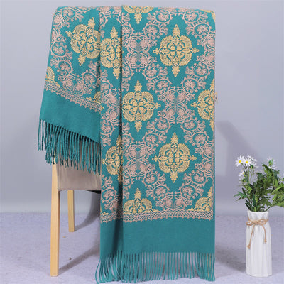 Buddha Stones Polyester Shawl Symmetry Gold Filigree Embroidery Tassel Winter Cozy Travel Scarf Wrap Shawl BS DarkCyan 200*70cm