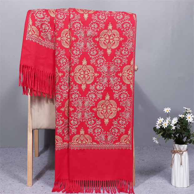 Buddha Stones Polyester Shawl Symmetry Gold Filigree Embroidery Tassel Winter Cozy Travel Scarf Wrap Shawl BS FireBrick 200*70cm