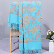 Buddha Stones Polyester Shawl Symmetry Gold Filigree Embroidery Tassel Winter Cozy Travel Scarf Wrap Shawl BS LightSkyBlue 200*70cm