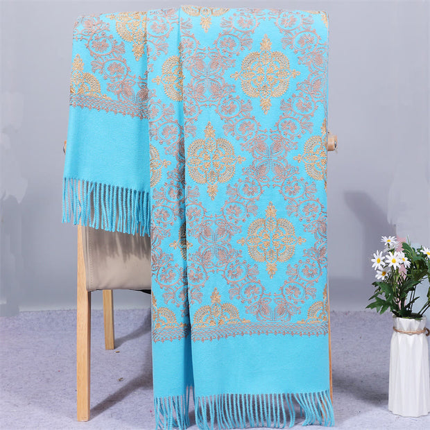 Buddha Stones Polyester Shawl Symmetry Gold Filigree Embroidery Tassel Winter Cozy Travel Scarf Wrap Shawl BS LightSkyBlue 200*70cm