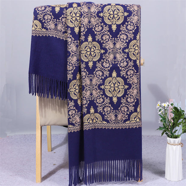 Buddha Stones Polyester Shawl Symmetry Gold Filigree Embroidery Tassel Winter Cozy Travel Scarf Wrap Shawl BS MidnightBlue 200*70cm