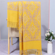 Buddha Stones Polyester Shawl Symmetry Gold Filigree Embroidery Tassel Winter Cozy Travel Scarf Wrap Shawl BS Gold 200*70cm