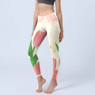 Buddha Stones Pink Tulip Flower Print Gym Fitness Leggings Women's Yoga Pants - AntiqueWhite - US18，UK/AU22，EU50 (4XL) - image 1