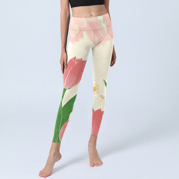 Buddha Stones Pink Tulip Flower Print Gym Fitness Leggings Women's Yoga Pants - image 7