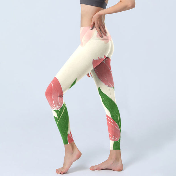 Buddha Stones Pink Tulip Flower Print Gym Fitness Leggings Women's Yoga Pants - image 4